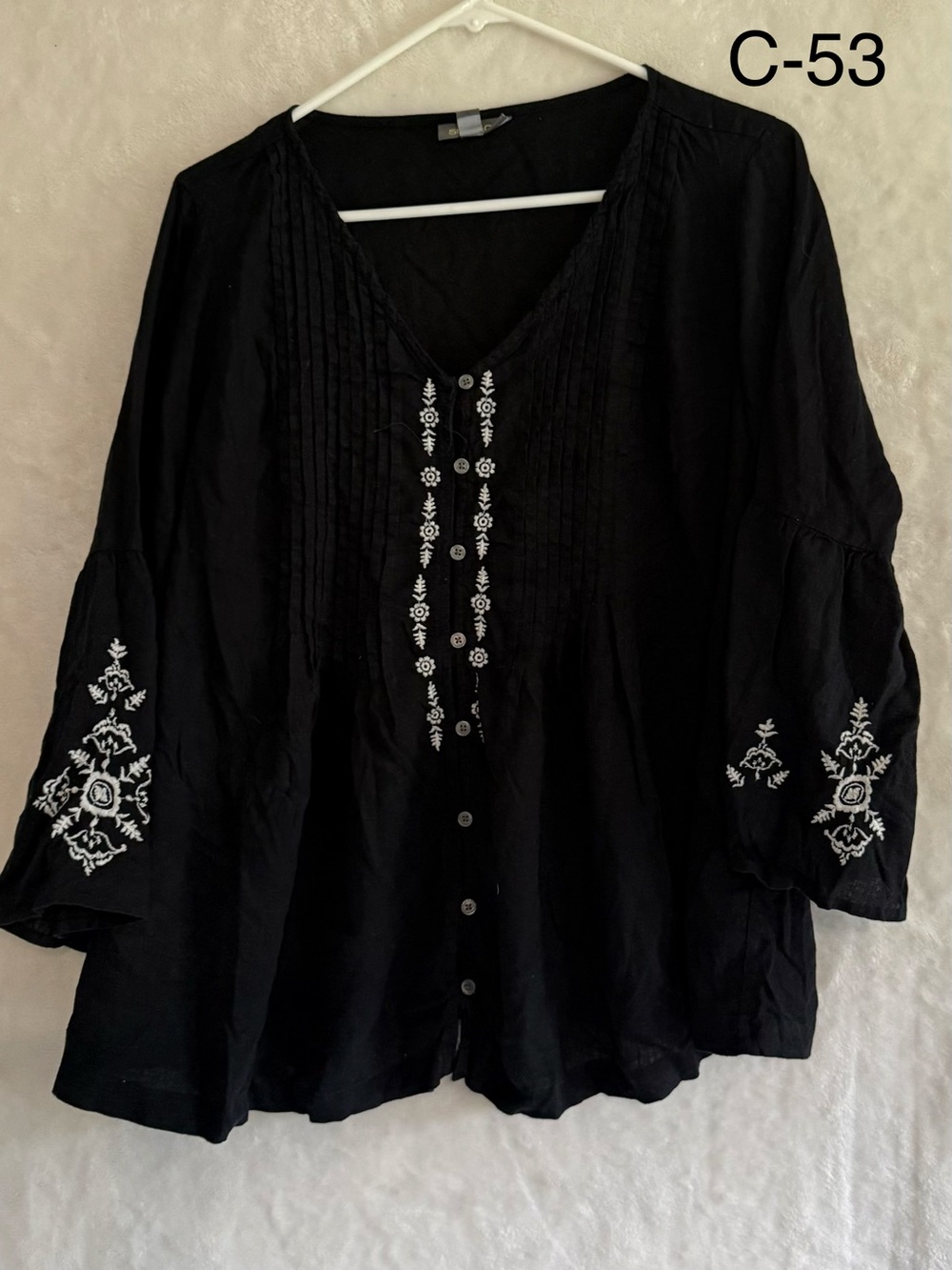 Style & Co. Black Button-Front Tunic with White Embroidery